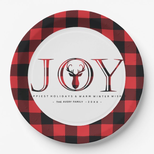 Joy Plaid Personalised Christmas Paper Plate (Front)