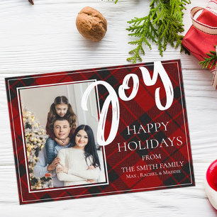 Joy Plaid Personalized Photo Flat Holiday Card