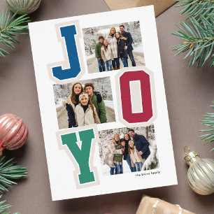 Joy preppy patches colourful three photo Christmas Holiday Card