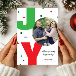 JOY Red and Green Photo Christmas Holiday Card