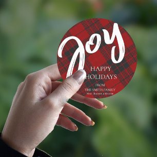  Joy Red Black Plaid Tartan Family Name Christmas Classic Round Sticker