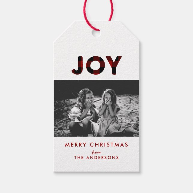 Joy Red Buffalo Plaid Christmas Photo Gift Tag (Front)