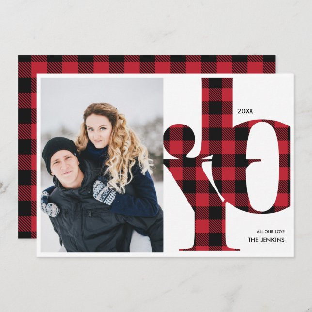 Joy | Red Buffalo Plaid Photo Holiday Invitation (Front/Back)