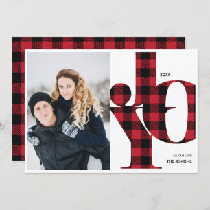 Joy Red Buffalo Plaid Photo Holiday Invitation