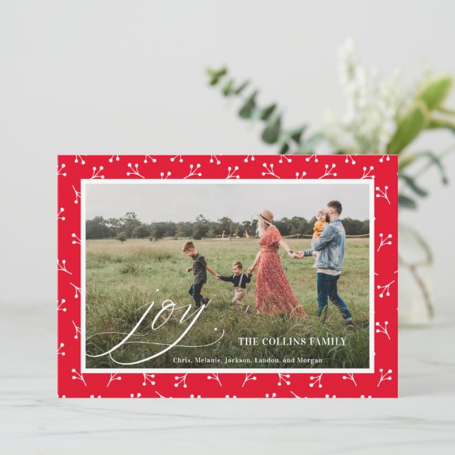 Joy Red Frame Berry Pattern Photo Christmas Holiday Card (Standing Front)