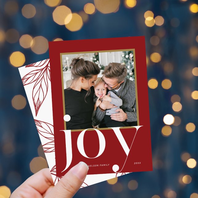 Joy Red Framed Photo Winter Foliage Christmas Invitation (Creator Uploaded)