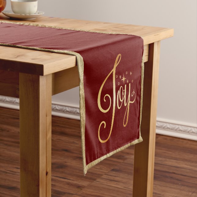 “Joy” Red Gold Script Elegant Christmas Holiday Short Table Runner (In Situ)
