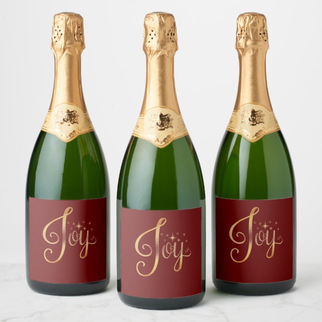“Joy” Red Gold Script Elegant Holiday Seasonal Sparkling Wine Label (Bottles)