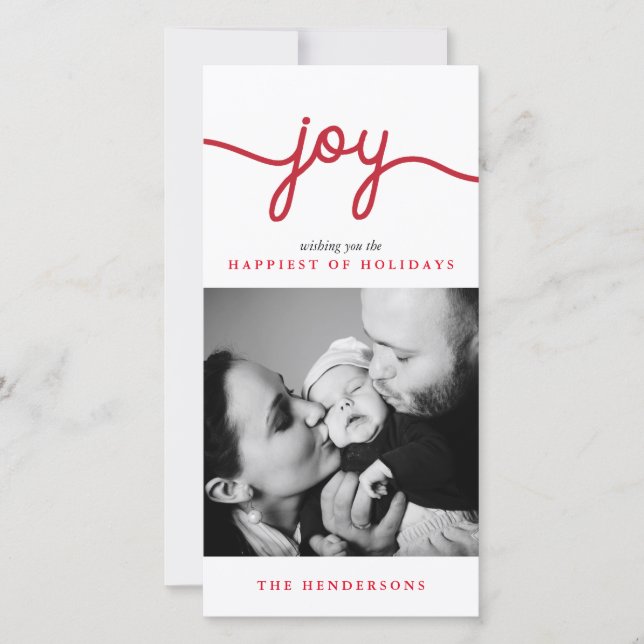 Joy Red Modern Script Christmas Photo Card (Front)