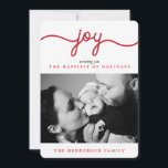 Joy Red Modern Script Christmas Photo Card<br><div class="desc">Display your favourite photo with pride this holiday season with the Joy Modern Scripted flat cards,  featuring a red and white striped pattern on the back. More stylish and modern Christmas cards are available in the Young Wanderlust store!</div>