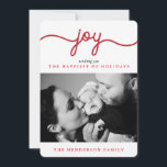 Joy Red Modern Script Christmas Photo Card<br><div class="desc">Display your favourite photo with pride this holiday season with the Joy Modern Scripted flat cards,  featuring a red and white striped pattern on the back. More stylish and modern Christmas cards are available in the Young Wanderlust store!</div>