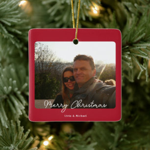 Joy Red Photo Merry Christmas Ceramic Ornament