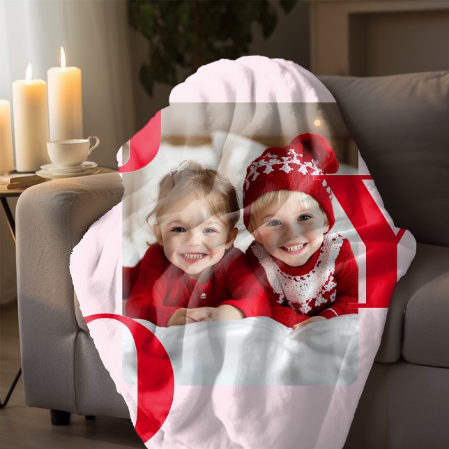 JOY | Red & Pink Modern Christmas Photo Fleece Blanket (Creator Uploaded)