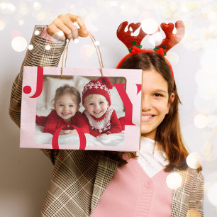 JOY   Red & Pink Modern Christmas Photo  Large Gift Bag