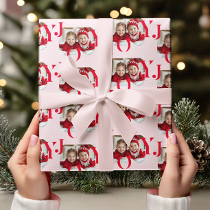 JOY Red & Pink Modern Christmas Photo Wrapping Paper