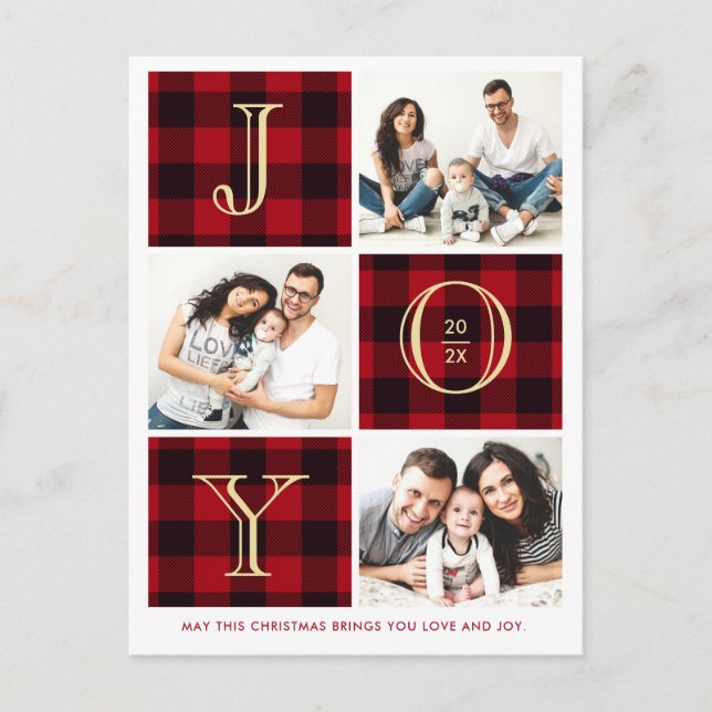 JOY | Red Plaid Photo Collage Christmas Holiday Postcard (Front)