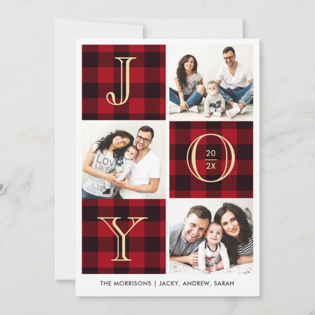JOY | Red Plaid Photo Collage Holiday Card (Front)
