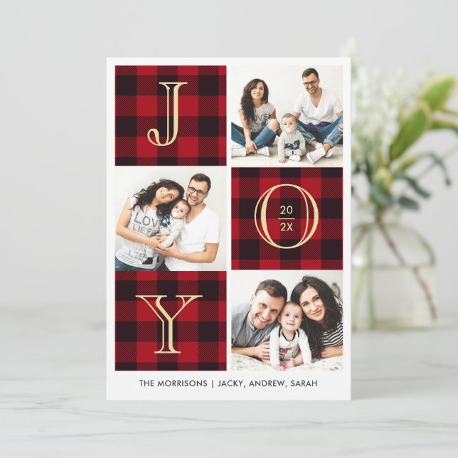 JOY | Red Plaid Photo Collage Holiday Card (Standing Front)