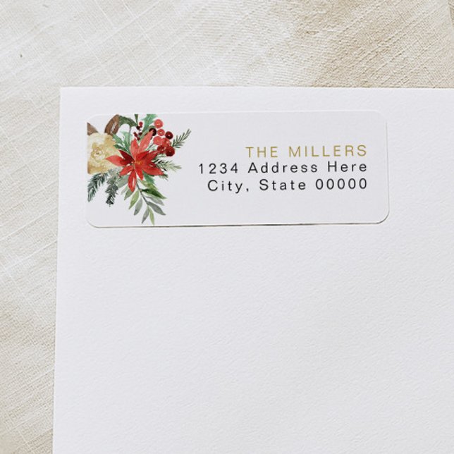 JOY Red Poinsettia Christmas Floral Return Address (Creator Uploaded)