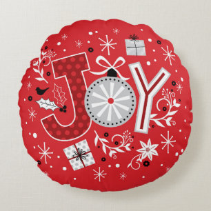 Joy Red Silver Christmas Ornaments Round Cushion