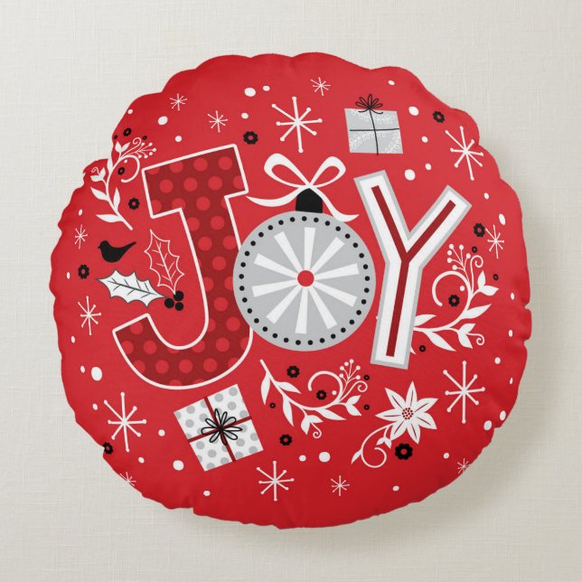 Joy Red Silver Christmas Ornaments Round Cushion (Front)