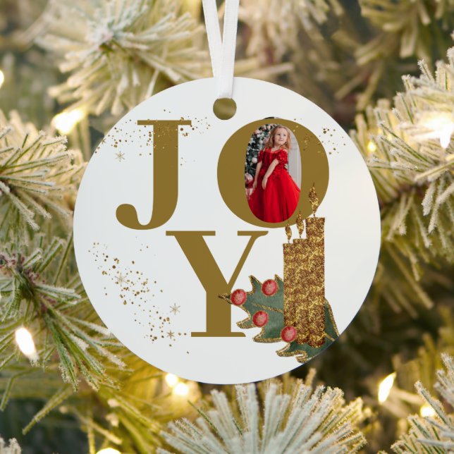 Joy Red Sparky Christmas Candles Photo Metal Tree Decoration (Insitu)