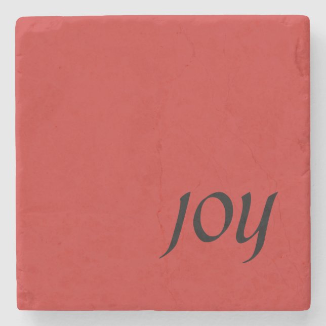 "JOY" Red Square Christmas Marble Stone Coaster (Front)