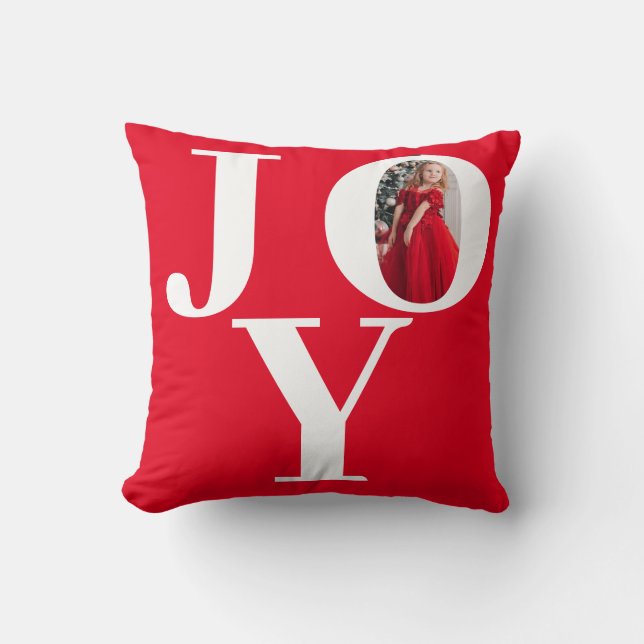 Joy Red White Christmas Photo Cushion (Front)