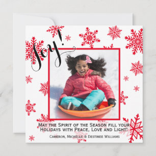 Joy! Red & White Snowflakes Holiday Photo Card