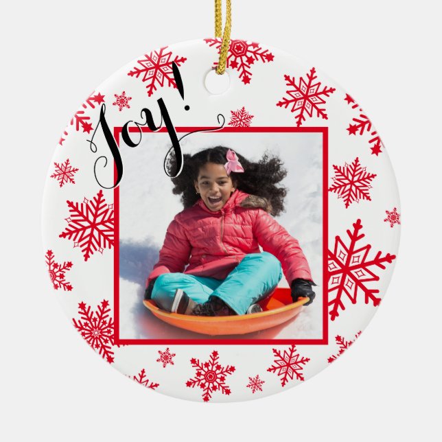 Joy! Red & White Snowflakes Round Christmas Photo Ceramic Tree Decoration (Front)
