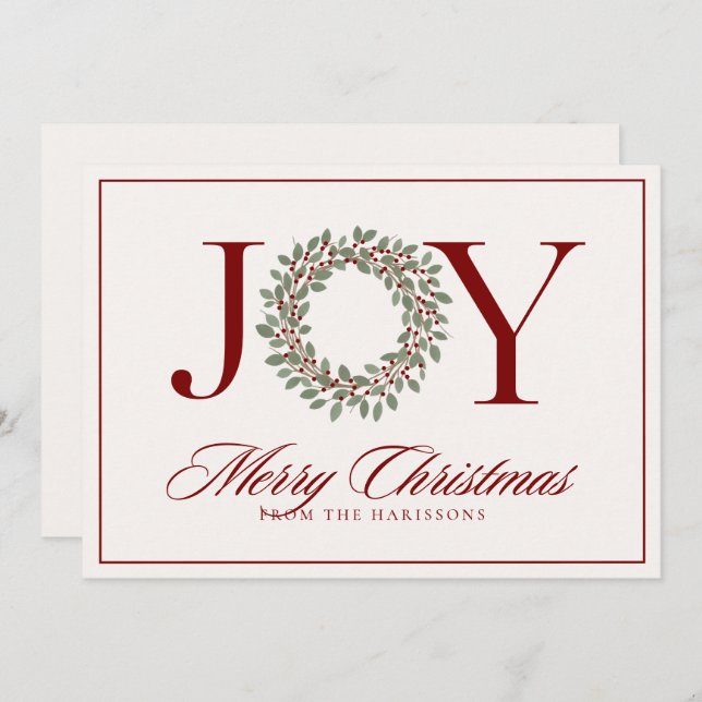 Joy red wreath non photo holiday christmas card (Front/Back)