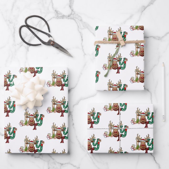 Joy Reindeer Fun Christmas Holiday Wrapping Paper Sheet (Front)