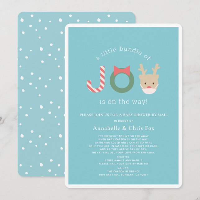 Joy Reindeer Mask Blue Holiday Baby Shower by Mail Invitation (Front/Back)