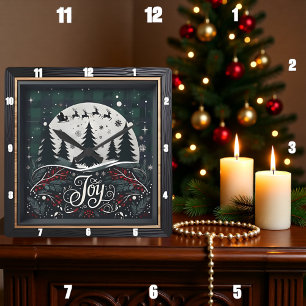Joy Reindeer Pines Christmas Square Wall Clock
