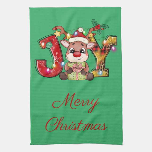 Joy Reindeer Red Green Christmas Lights Holiday Tea Towel (Vertical)