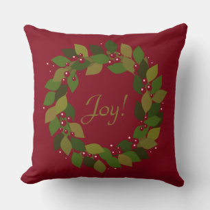 Joy!   Rustic Red Christmas Wreath Cushion