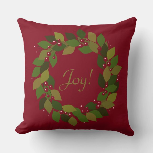 Joy! | Rustic Red Christmas Wreath Cushion (Front)