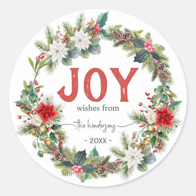 Joy Rustic Typography Name Christmas Wreath  Red  Classic Round Sticker (Front)