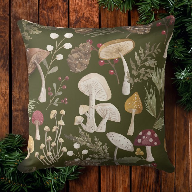Joy Rustic Woodsy Watercolor Mushroom Christmas Cushion (Joy Rustic Woodsy Watercolor Mushroom Christmas Throw Pillow)