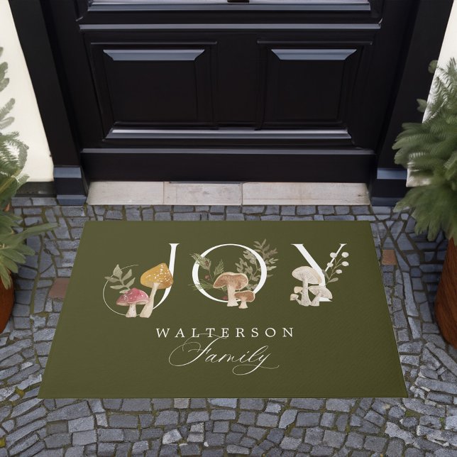 Joy Rustic Woodsy Watercolor Mushroom Christmas Doormat (Joy Rustic Woodsy Watercolor Mushroom Christmas Doormat)