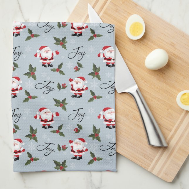 Joy, Santa and Christmas Holly  Tea Towel (Quarter Fold)