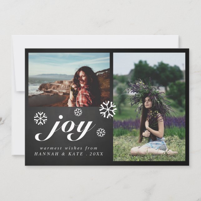 Joy Script Chalkboard Christmas Snowflakes Photo Holiday Card (Front)