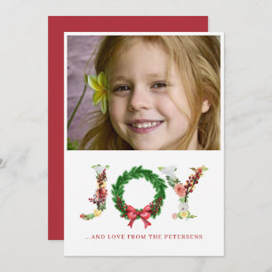 Joy script Christmas floral wreath custom photo Holiday Card