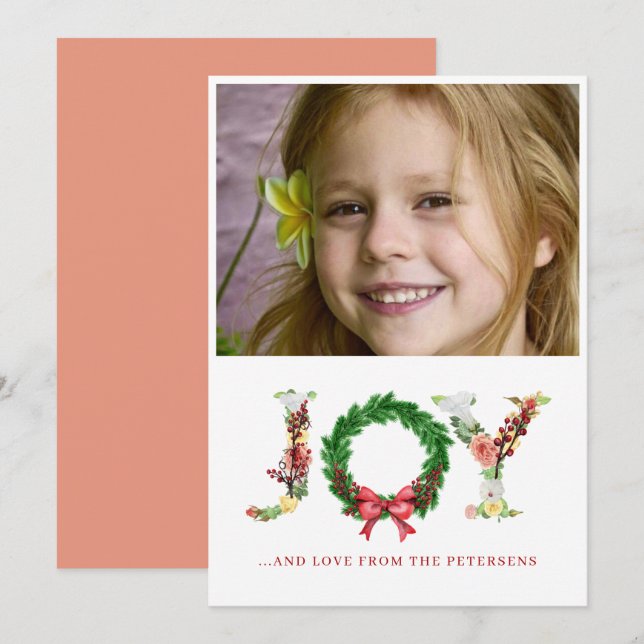 Joy script Christmas floral wreath custom photo Holiday Card (Front/Back)