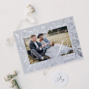 Joy Script Decorative Floral & Foliage Photo Frame Foil Holiday Card