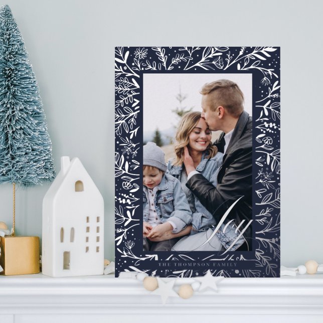 Joy Script Decorative Floral & Foliage Photo Frame Foil Holiday Card (Creator Uploaded)