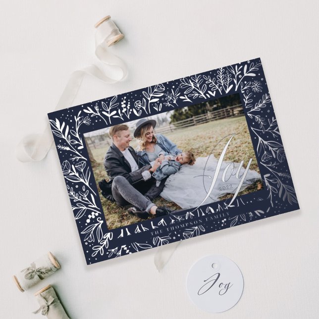 Joy Script Decorative Floral & Foliage Photo Frame Foil Holiday Card (Creator Uploaded)