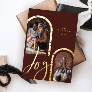 Joy Script Elegant Photo Family Modern Arches Foil Foil Holiday Card