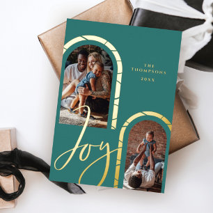 Joy Script Elegant Photo Family Modern Arches Foil Holiday Card
