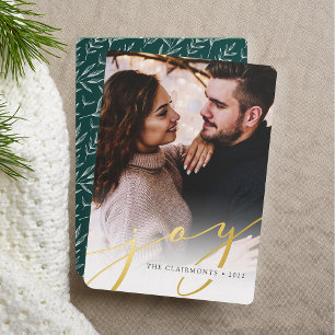 Joy Script Elegant Vertical Christmas Foil Holiday Card